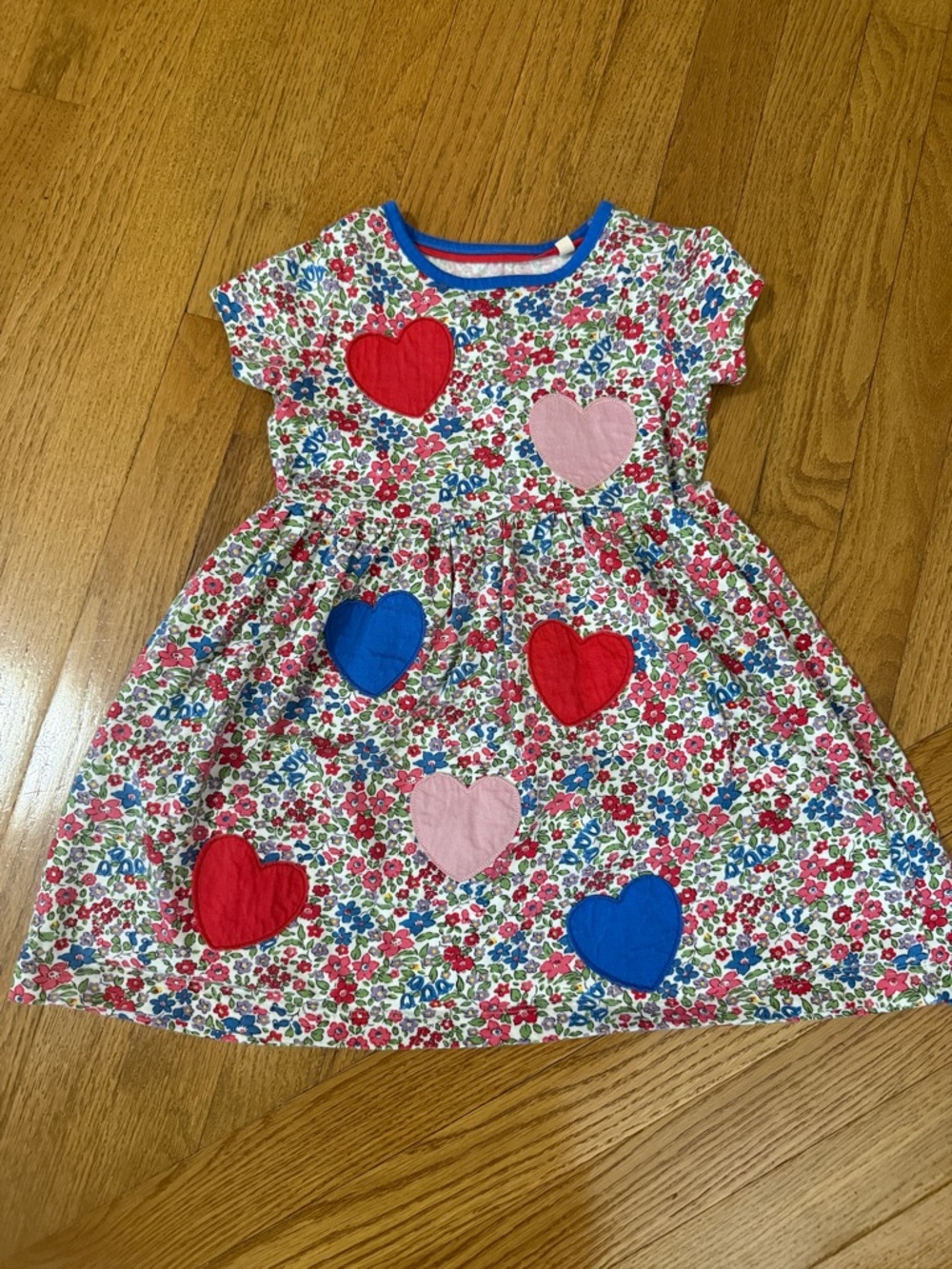 Boden Floral Dress with Red, Blue & Pink Heart Patches